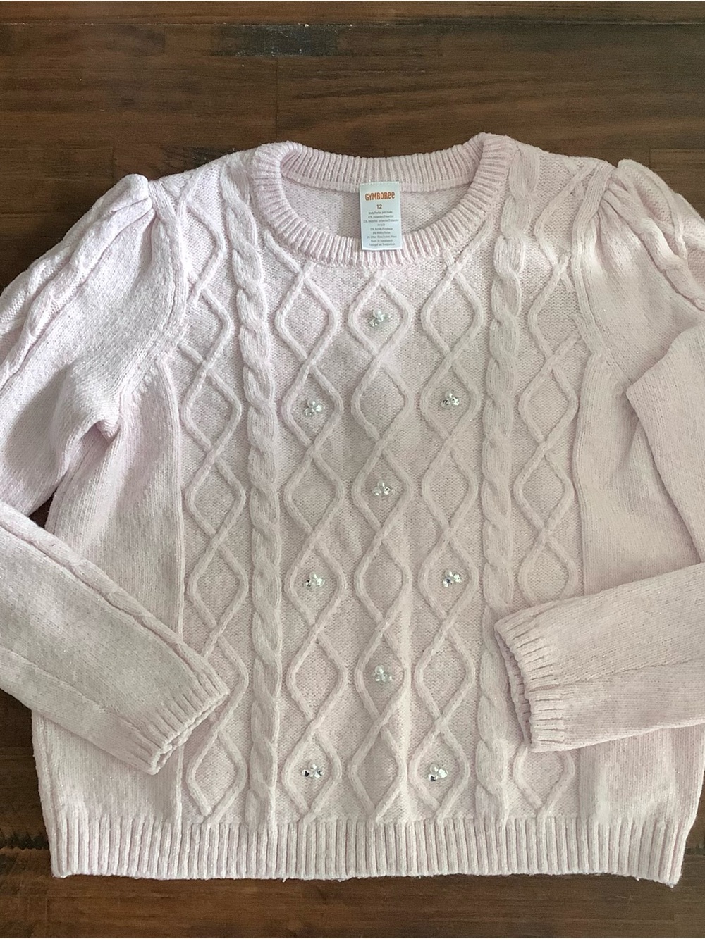 Gymboree Girl's Size 12 Pink Cable Knit Sweater w/ Pearl Rhinestone Clusters - Picture 2 of 6